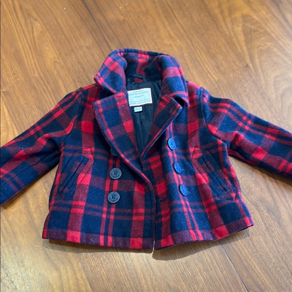 Janie and Jack Red and Blue Plaid Pea Coat